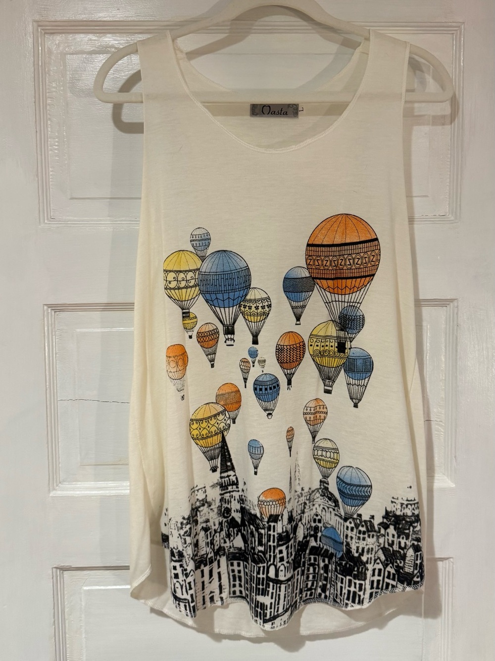 Oasis Cream Tank Top with cityscape & hot air balloons